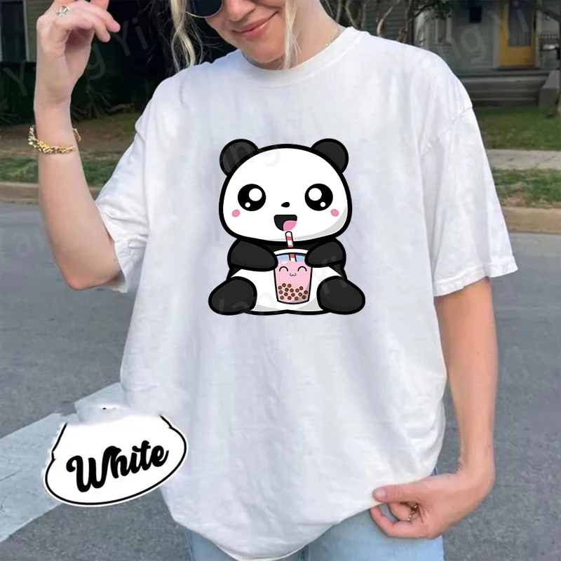 Cute Panda Drinking Milk Tea Pattern Men Women Cotton T-Shirt Simple Unisex Tees Loose Large Size Top Couple Street Fun Clothing