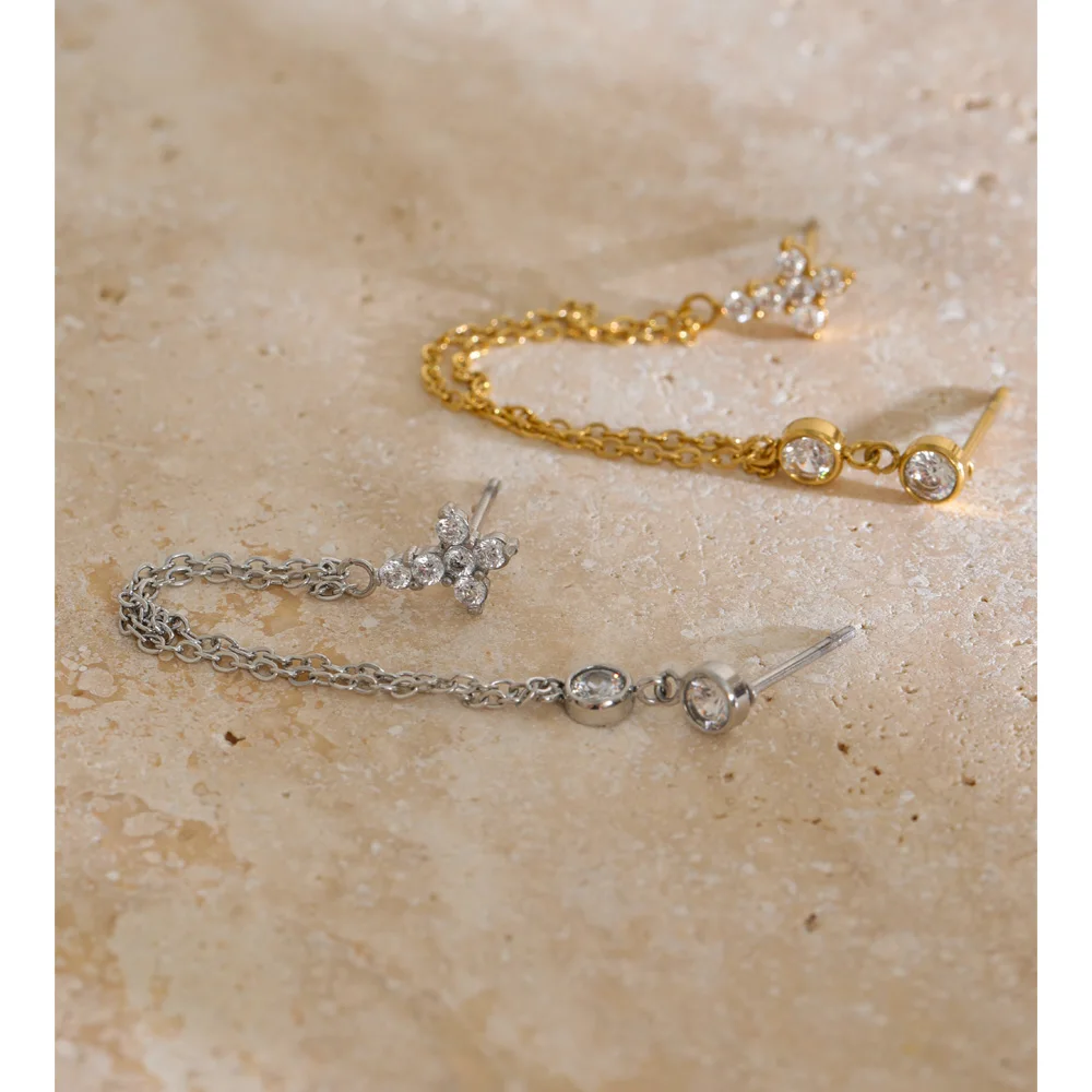 Yhpup Stainless Steel Cross Drop Chain Earring 16K PVD Plated Dainty CZ Zirconia Layered Fashion Jewelry