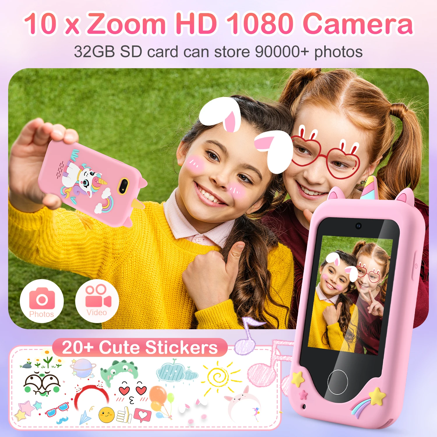 Cute Unicorn Kids Mobile Toy Touchscreen Dual Camera MP3 Educational Games Smart Phone Gift For Boys Girls Age 3-8