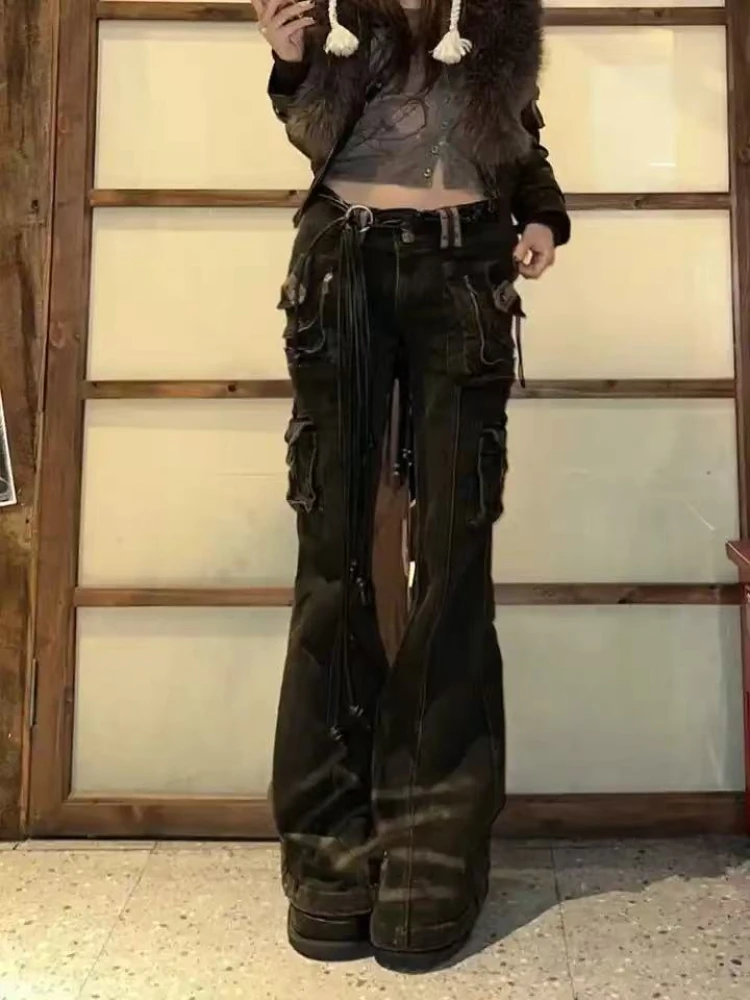 Retro Women Y2K Low Rise Cargo Flare Jeans Vintage Washed Multi Pockets Denim Pants Streetwear Bootcut Trousers Grunge Fashion