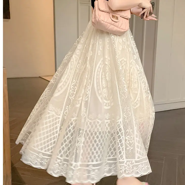 

High waisted lace hollow fairy big swing A-line half skirt for women, sweet A-line long skirt 2024 summer new item