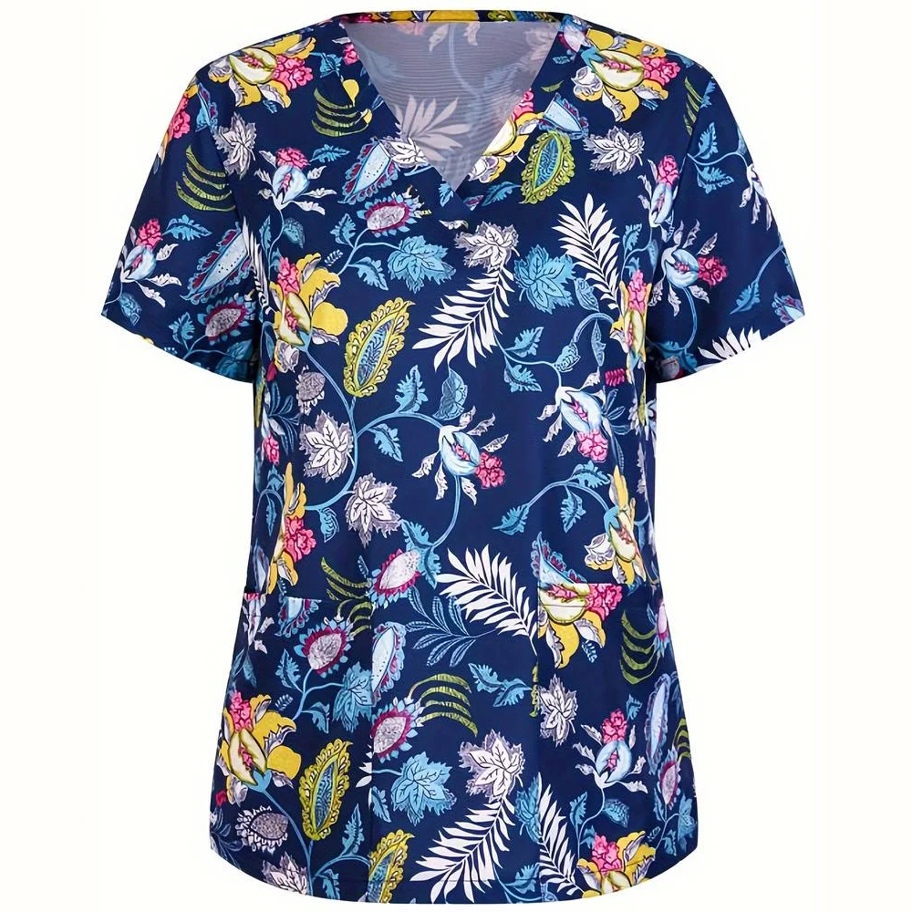 Surgical Uniforms Woman Flower Print V-Neck Micro-Stretch Dental Nurse Tops Short Sleeves with Pockets Nursing Uniform for Women