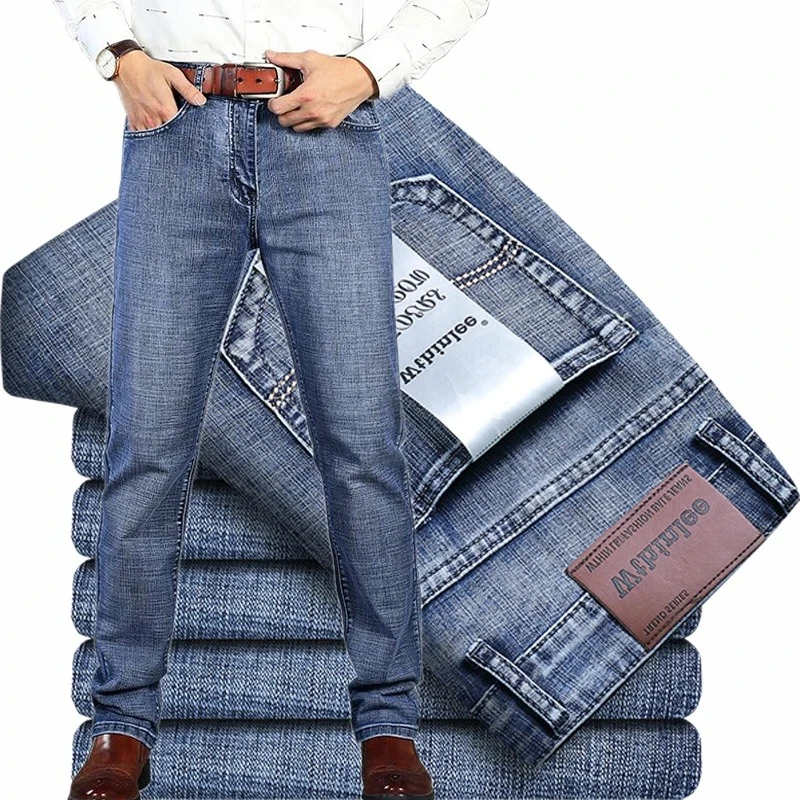 

Новинка 2025, мужские облегающие джинсы, мужские прямые брюки, винтажные умные повседневные джинсовые брюки со средней талией, толстые стильные эластичные брюки