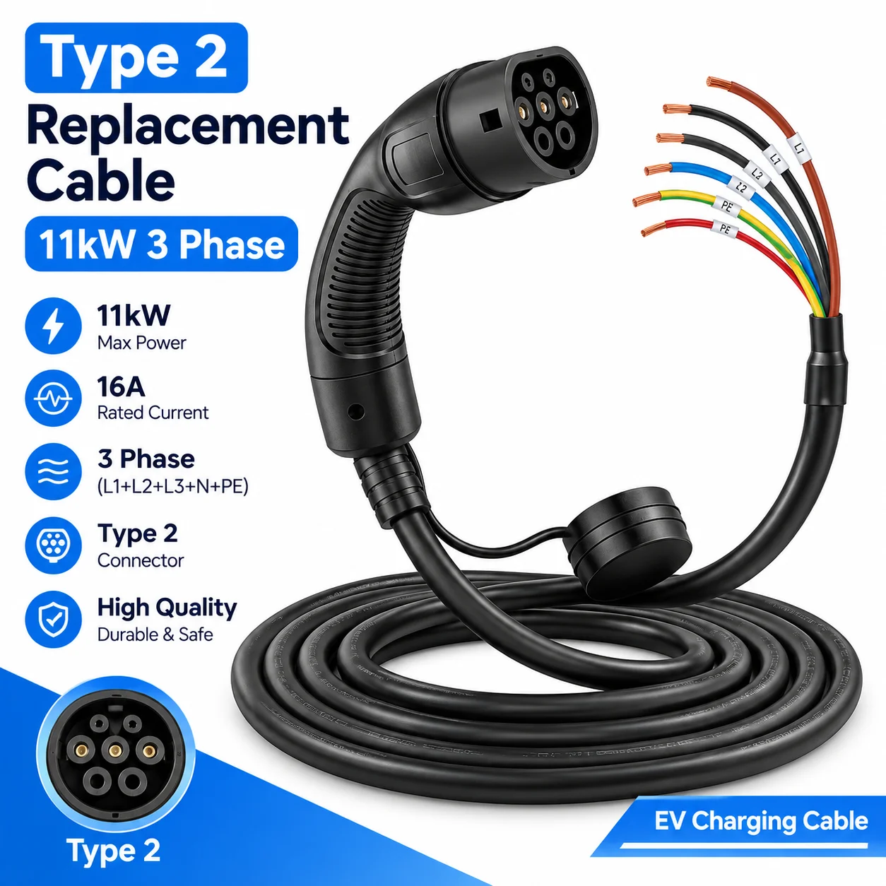 EVMBO Type 2 Replacement Cable 11kW 3 phase 16A for Wallbox EV Charging Station Electric Vehicle Charging Cable to Open End