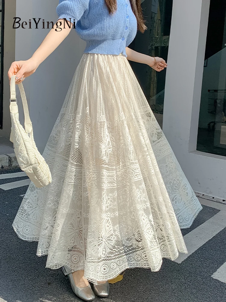 

Beiyingni Heavy Industry Lace Pleated Midi Skirts Womens White Elegant Casual Summer Fashion High Waist Skirt Ladies Chic Faldas