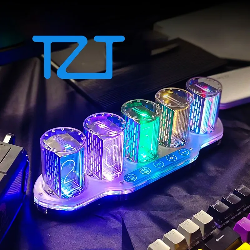 TZT 5-Digit RGB Pseudo Glow Tube Clock Finished Digital Clock Desktop Ornament Gift for Friends & Family