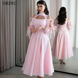 OEING Pink A-Line Elegant Prom Dresses Long Sleeves Tea-Length Party Gowns Dress With Bows 2025 Customized