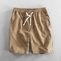 Summer Cotton Beach Shorts Pants For Men Casual Breathable Comfortable Striped Loose Drawstring Cropped Youth Man Shorts Pants