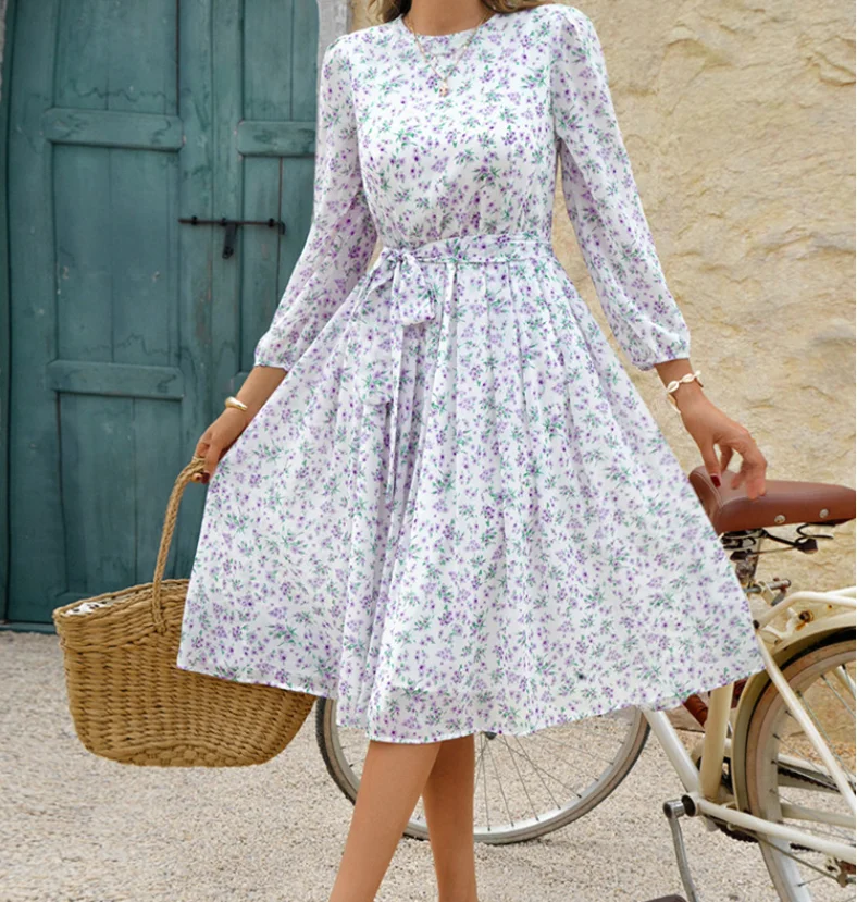 Summer Dress Woman  Floral Print O-Neck High Waisted Long Sleeved Casual Beach A-Line Chiffon Midi Dress