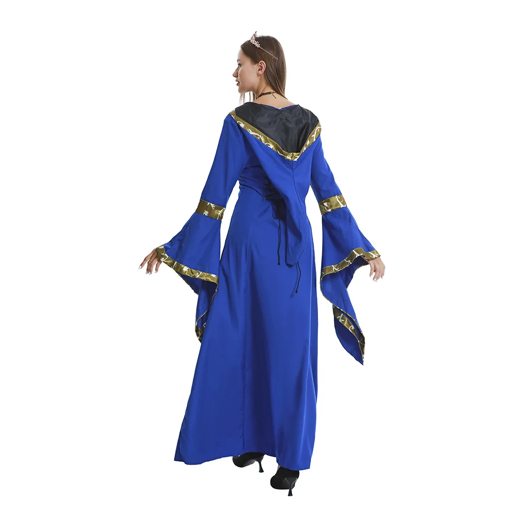 2024 New Halloween Retro Medieval Hooded Dress Square Neck Tie Bell Sleeves Large Swing Skirt Stage Performance Clothing