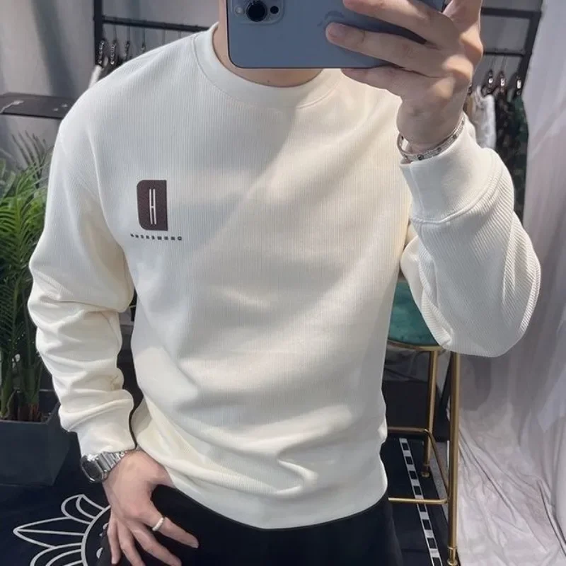 Fleeced Solid Man Pullover Cotton Sweatshirts for Men Printing Korean Style Warm Luxury Y2k Vintage Loose Pastel Color One Piece