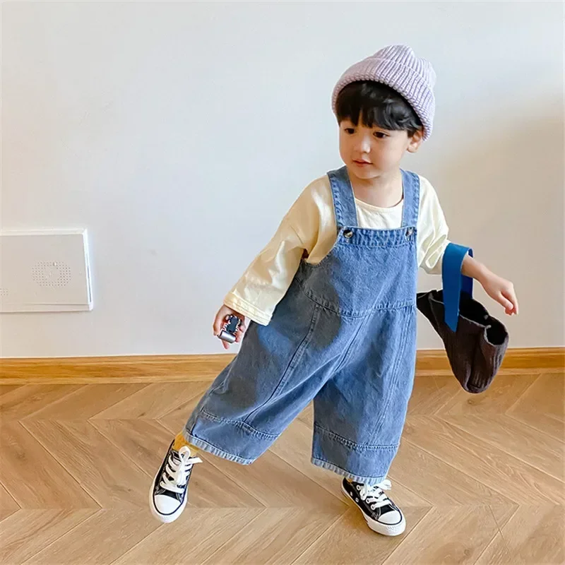 Autumn New Children Loose Overalls Boys Girls Casual All-Match Denim Trousers Spring Fall Solid Outwear 1-7Y Kids Bib Pants