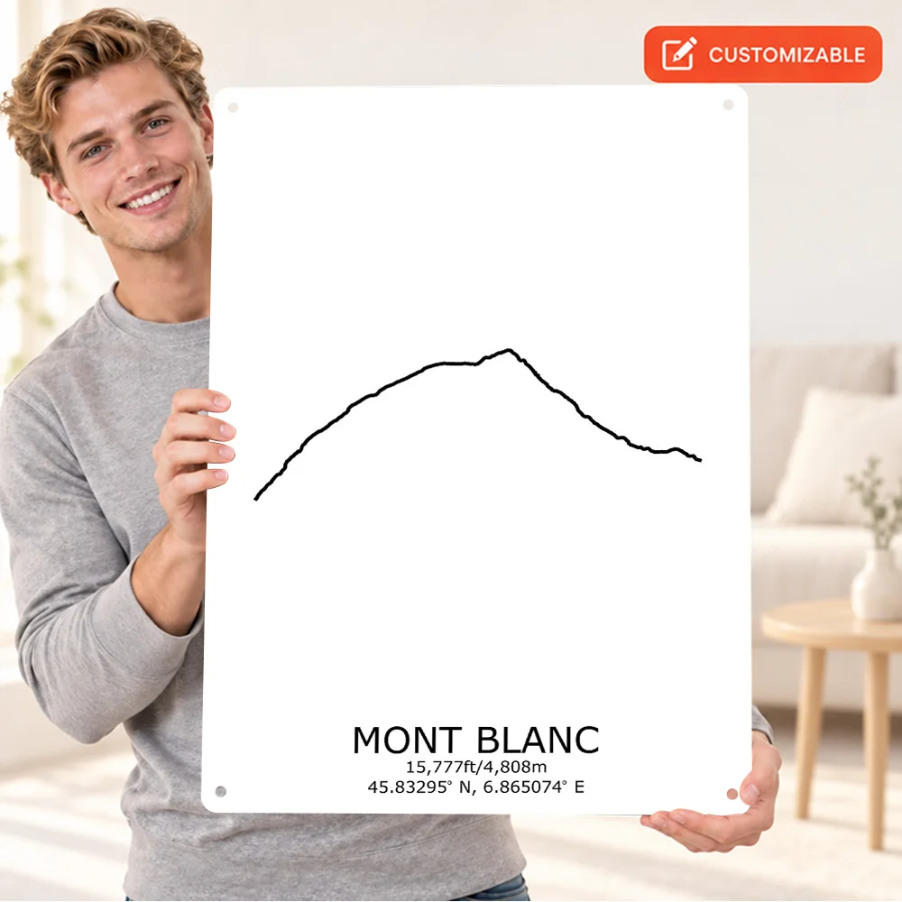 Mont Blanc Peak Outline Printed Poster Customized Aluminum Metal Sign Minimalist Linework Wall Art For Travel Agency Reception