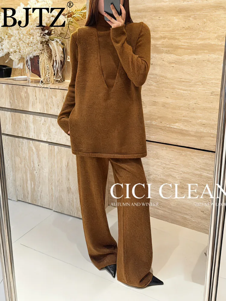 BJTZ ملابس نسائية أنيقة محبوكة ثلاث مجموعات لخريف وشتاء 2025 موضة جديدة بلون سادة ملابس نسائية متماسكة #1