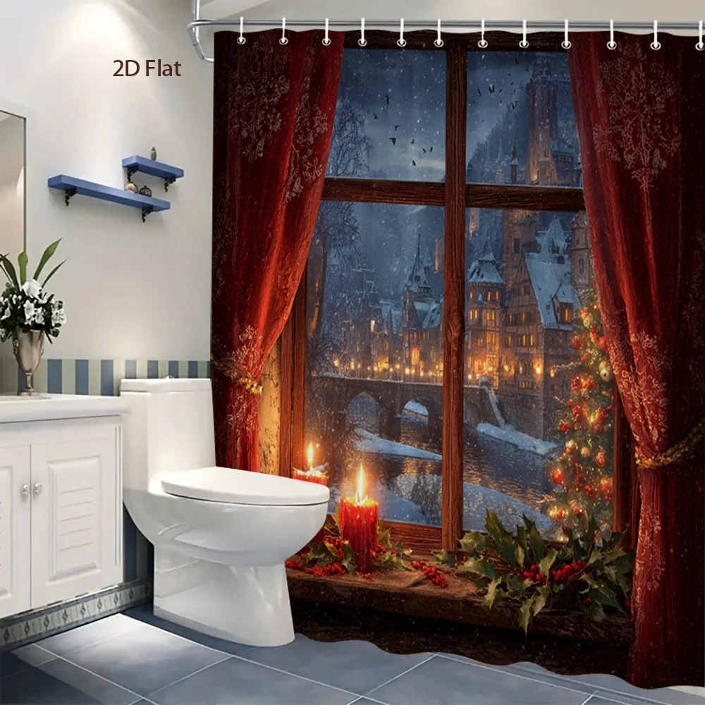 1pc 2D Flat Shower Curtain, Winter Village Candles & Holly Christmas Printed Shower Curtain, Decor for Bathroom
