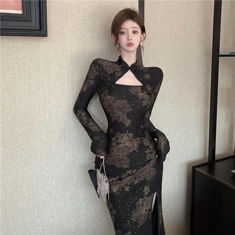 150kg 5XL Plus Size Chinese Style Cheongsam Sexy Women Vintage Long Sleeve Qipao Slim Split Midi Dress Cosplay Long Vestidos