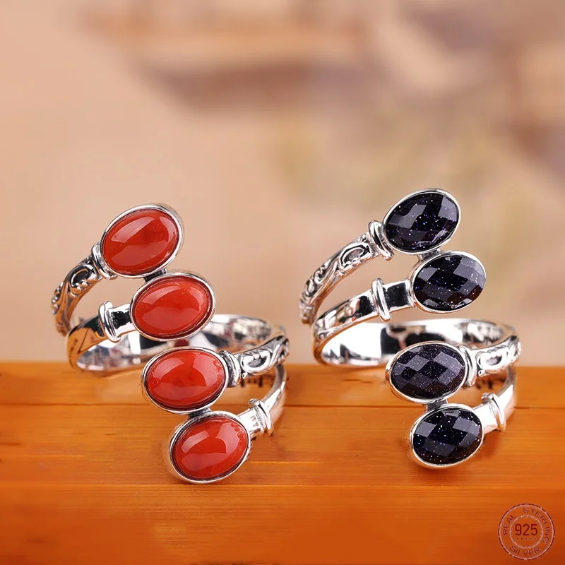 Natural Southern Red Blue Matte Stone Women's Open Ring  S925 Pure Silver Vintage French Charm Jewelry