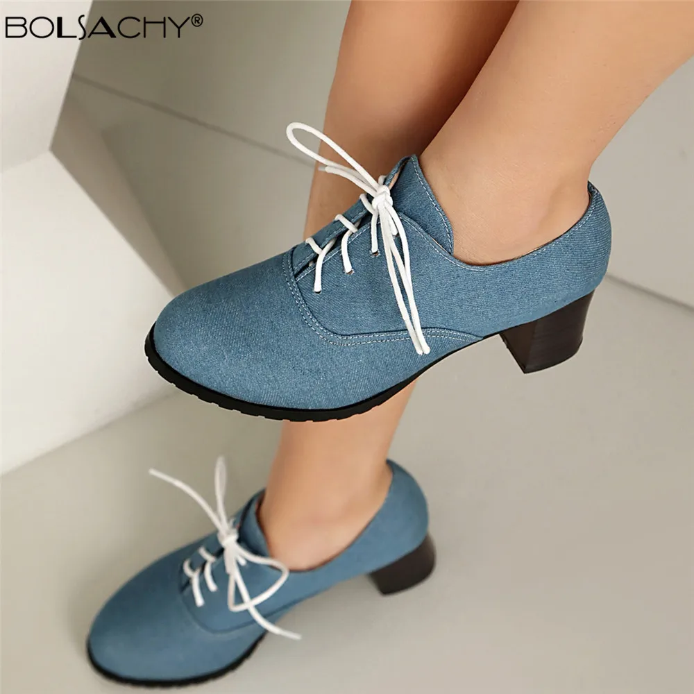 Women Lace Up Pumps Vintage Denim Square Heel Round Toe High Heels British Style Oxfords Autumn Low Top Student Shoes Blue Boots
