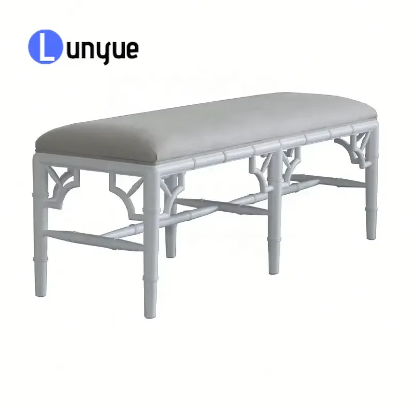 French Classic Birch Frame Fabric Upholstered Bedside Stool Bench Seat Furniture for Bedroom Living Room Elegant Wood Accent