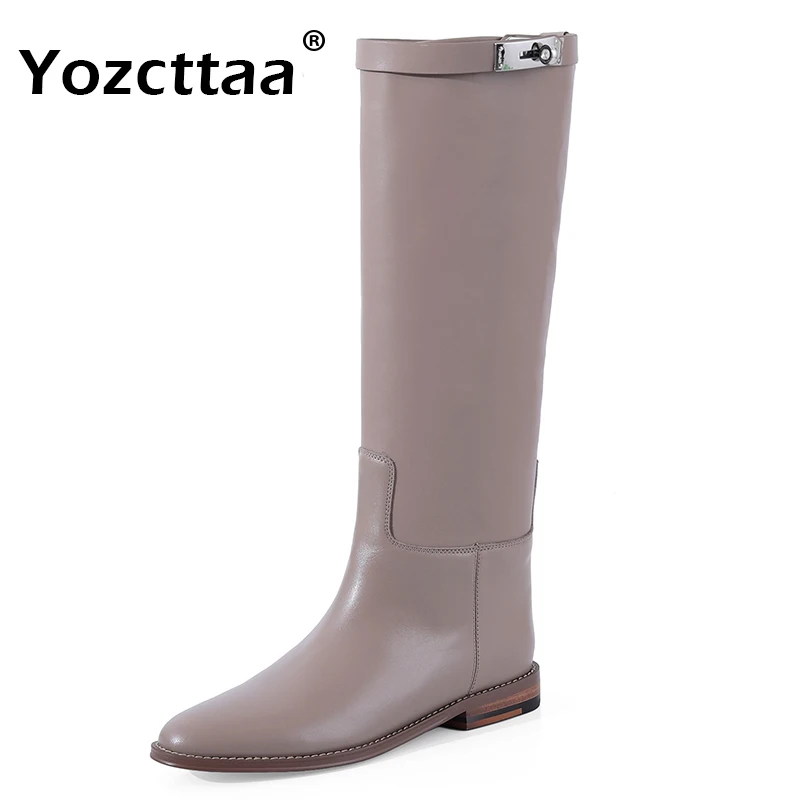 Yozcttaa Size 34-40 Women Knee Boots Genuine Leather Ruched Flats Heel Shoes Fall Winter 2025 Ins Wide Calf Slip On Long Boots