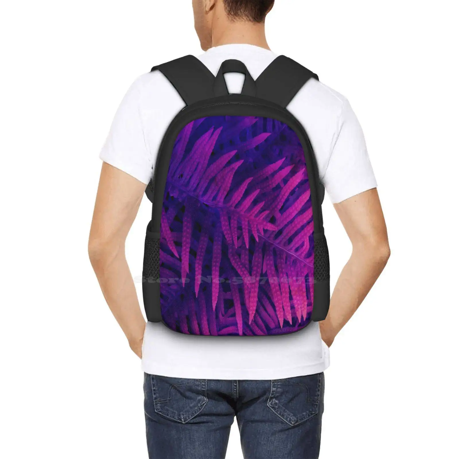 Ferns Hot Sale Schoolbag Backpack Fashion Bags Fern Leaf Foliage Pink Blue Plant Nature Fluo Color Nice Cute Lovely Beautiful image 6