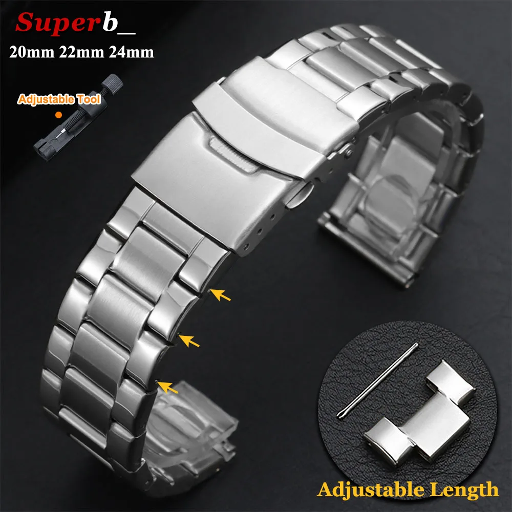 Edelstahl-Uhrenarmband mit gebogenem Ende, 20 mm, 22 mm, 24 mm, Ersatz-Uhrenarmband für Herren, Sport, flache Schnittstelle, Metallarmband mit Werkzeug