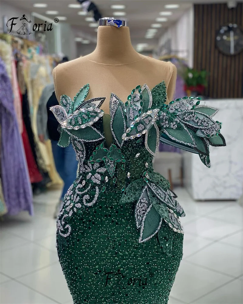 Lange Smaragdgroene Zeemeermin Avondjurken 2023 Mouwloze Prom Outfits Voor Zwarte Meisjes 3d Leaf Details Vrouw Trouwfeestjurk