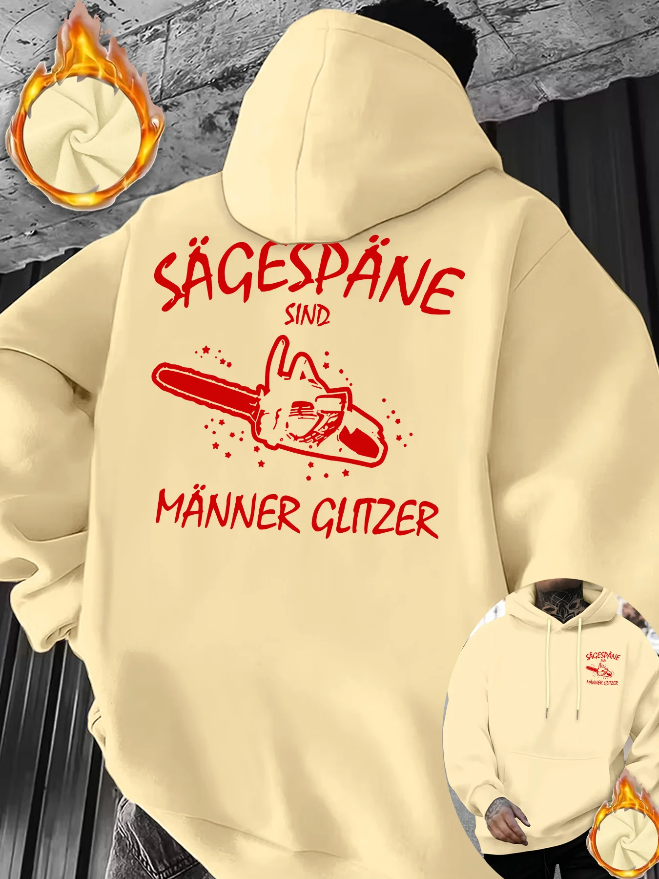 Funny and Entertaining Men's Loose Hooded Sweatshirt with Electric Saw Cartoon Text Elements on Front and Back Printed Hoodie