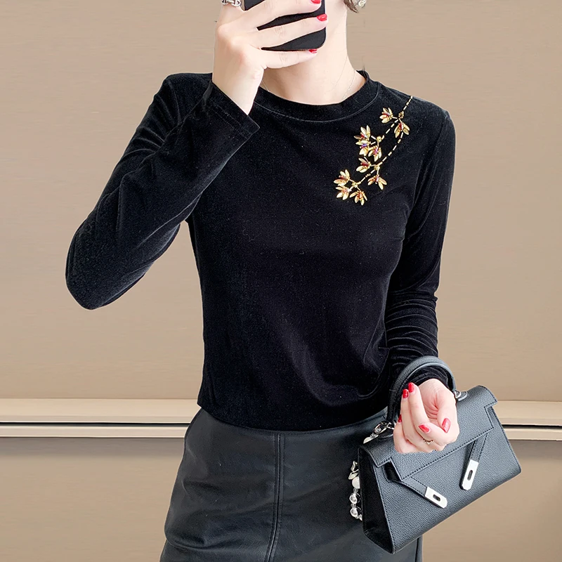 

2025,European,Clothes,Velvet,T-Shirt,Chic,Sexy,New Chinese-style,O-Neck,Shiny,Beading,Flower,Women,Tops,Long Sleeve,Tees,58050