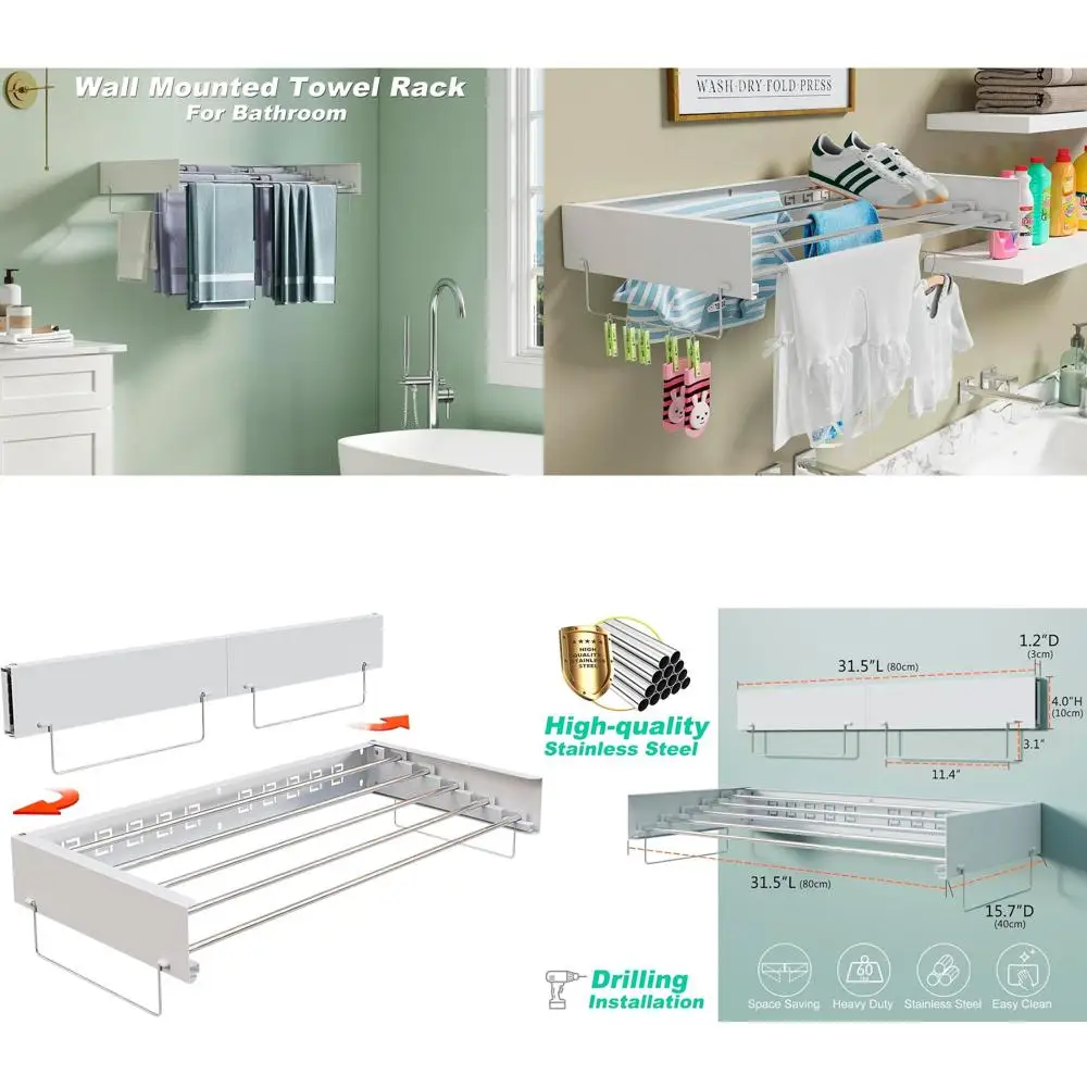 

Space-Saving Collapsible Laundry Rack with 5 Stainless Steel Bars for Wall Mount in White, 31.5