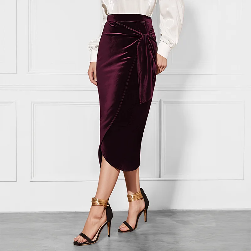 Women's Solid Color Fashion Twist Split Skirt Velvet Texture High Waist Drape Slim Fit Elegant Commute Comfort Casual Midi Skirt