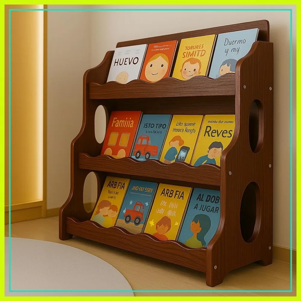 

Wooden Kids Bookshelf 3-Tier Scalloped Design Red Walnut Grain Finish