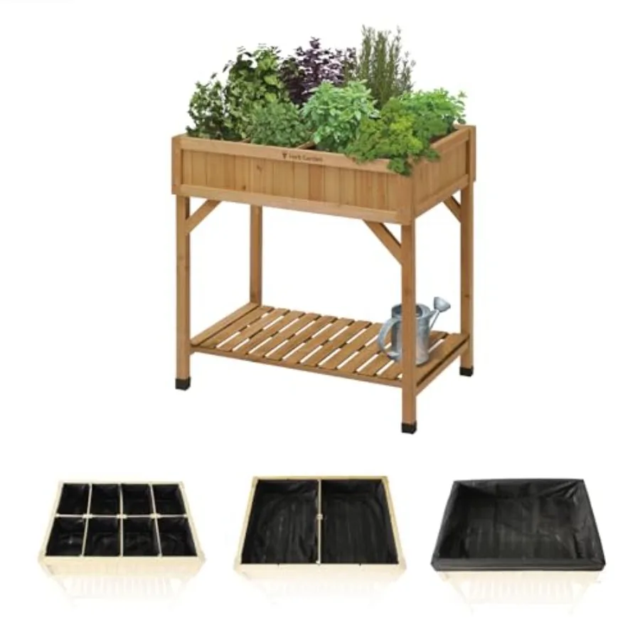 Custom Herb Garden Planter Box, Cedar Wood - Versatile Multi-Liner Raised Garden Bed with Storage Shelf for Patio, Balcony and