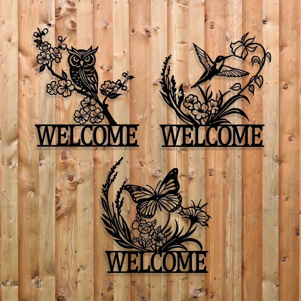 Minimalist metal wall decorations: Owl, butterfly and hummingbird welcome signs - for indoor/outdoor use