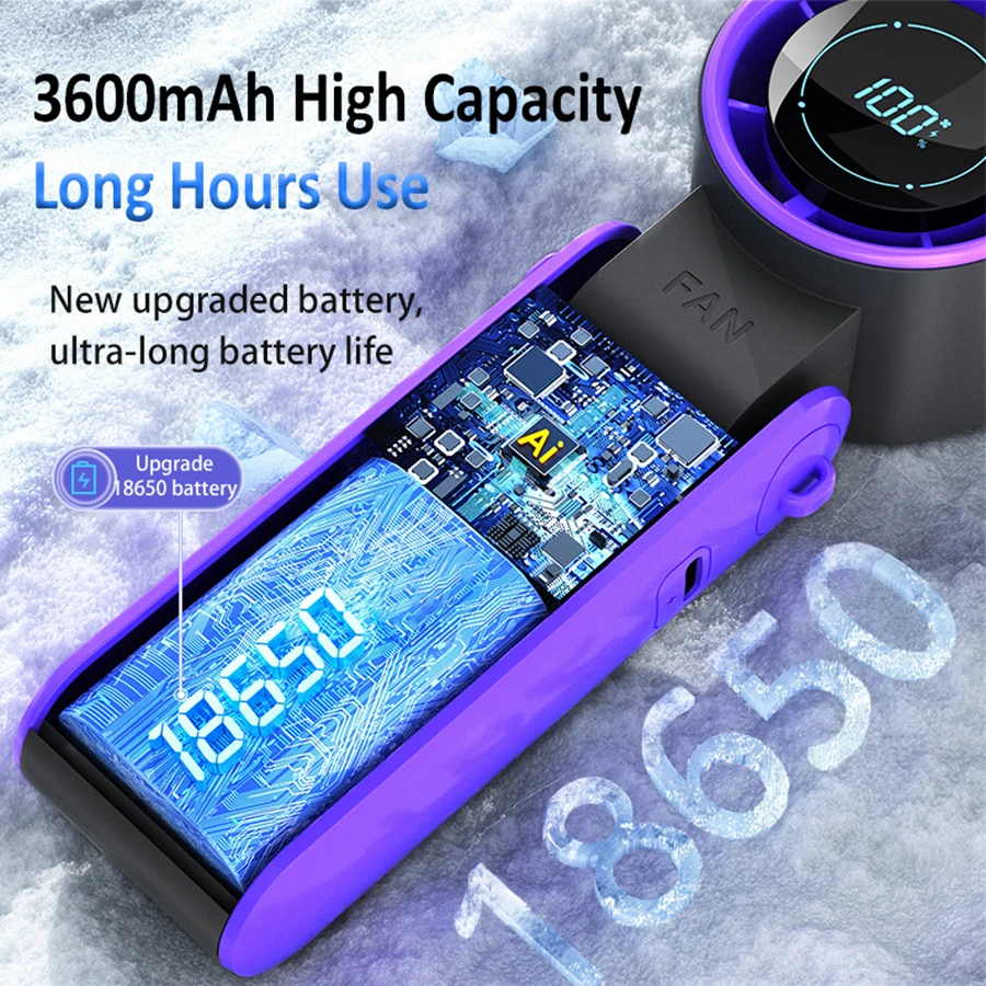 100 Speeds Handheld Fan, LED Display, 3600mAh Rechargeable, 90° Foldable with Carabiner, Quiet, 4-in-1 Desktop/Lazy/Neck USB Fan