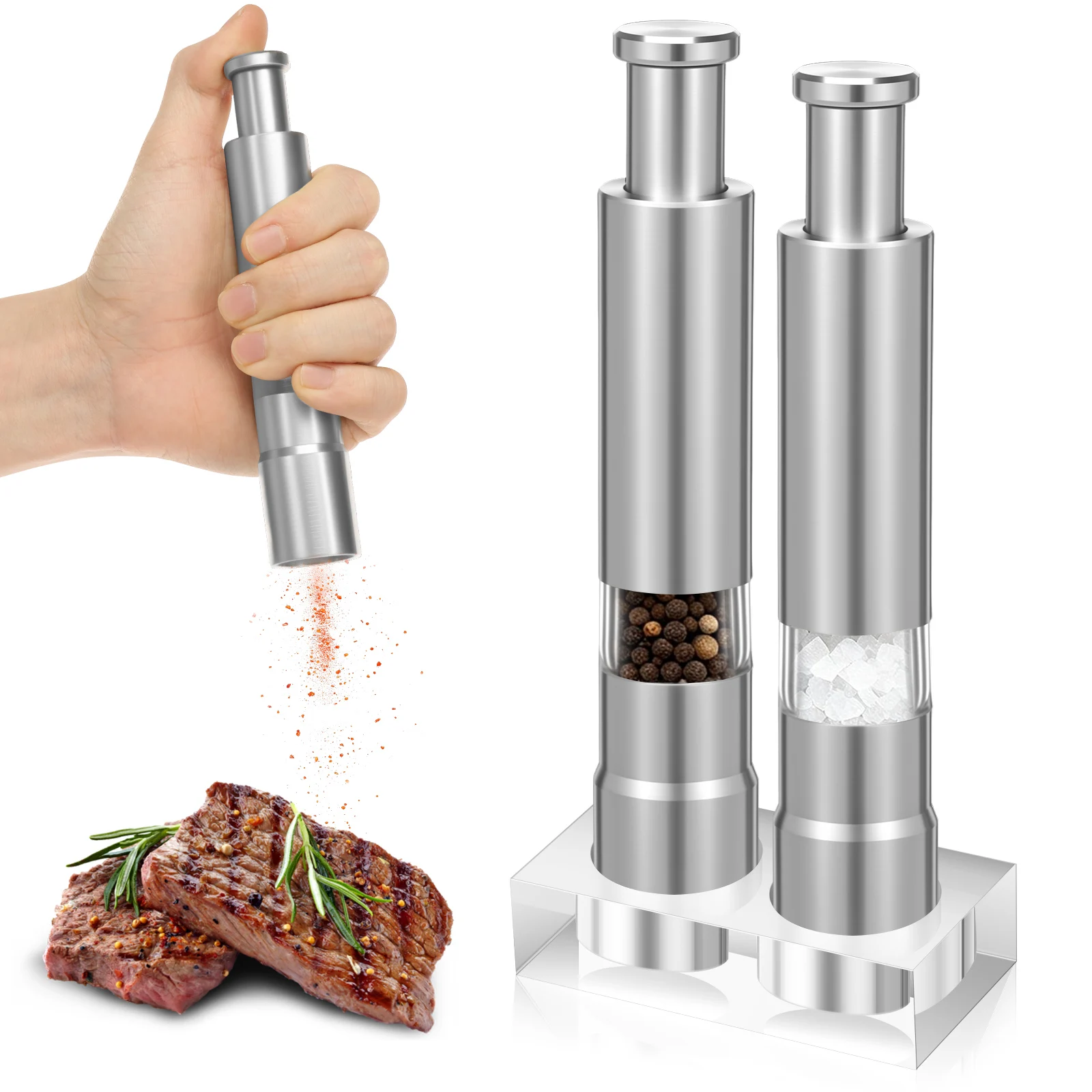 2Pcs Manual Pepper Grinder Manual Stainless Steel Thumb Press Sea Salt Grinder Kitchen Utensils Artifacts Artificial Seasoning