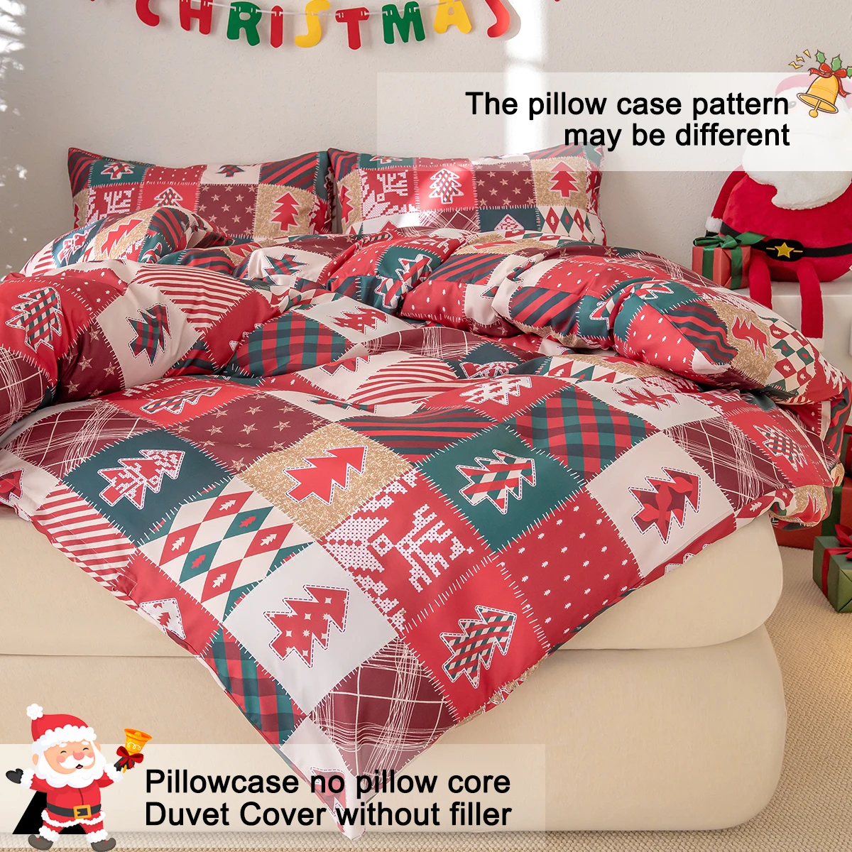 3pcs/set Christmas Reindeer Snowman Bedding Set Includes 1 Duvet Cover And 2 Pillowcases Soft And Skin-Friendly