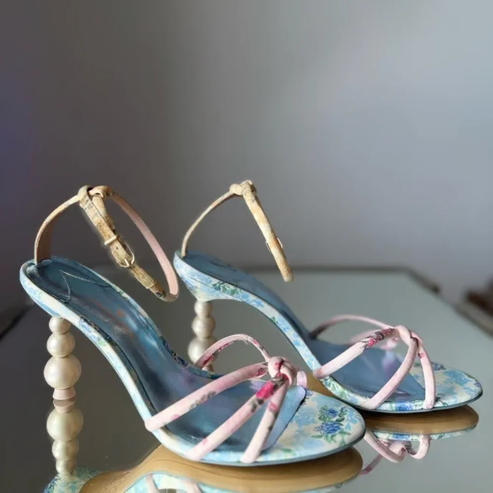 

Pastel Floral Print Heeled Sandals Pearl Heel Knotted Pink Straps Adjustable Ankle Buckle Open-Toe Design Summer Causal Style