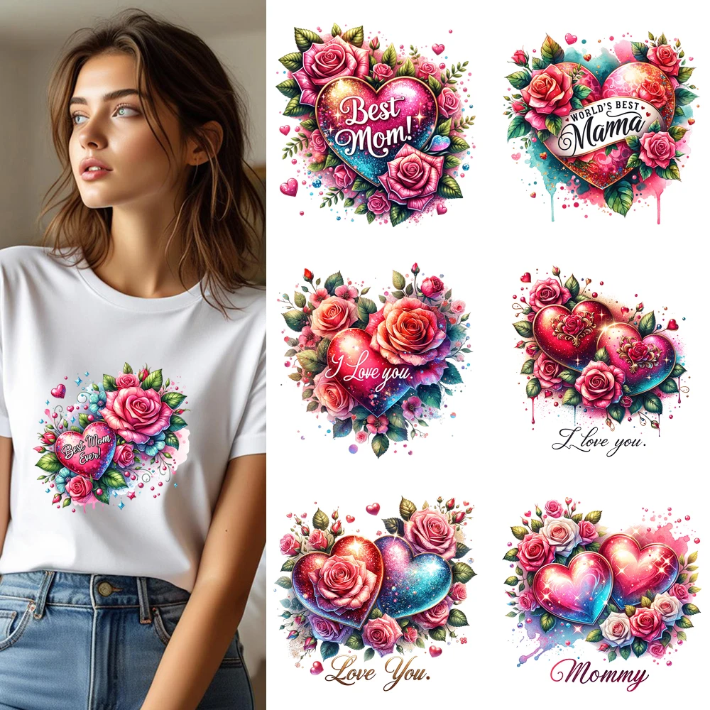 25cm Mothers Day Best Mom Hearts Flower Iron On Heat Transfer Sticker DTF Iron On Transfer Patches For Clothes T-shirt Applique