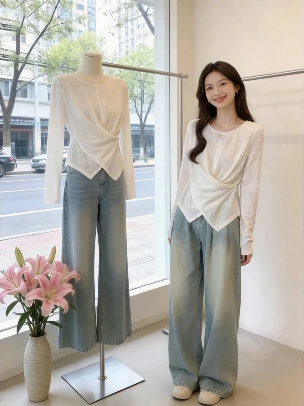 Women's Long Sleeve Bamboo Cotton T-Shirt Thin Regular Fit High Waist Irregular Hemline White Color for plus Size And plus Size