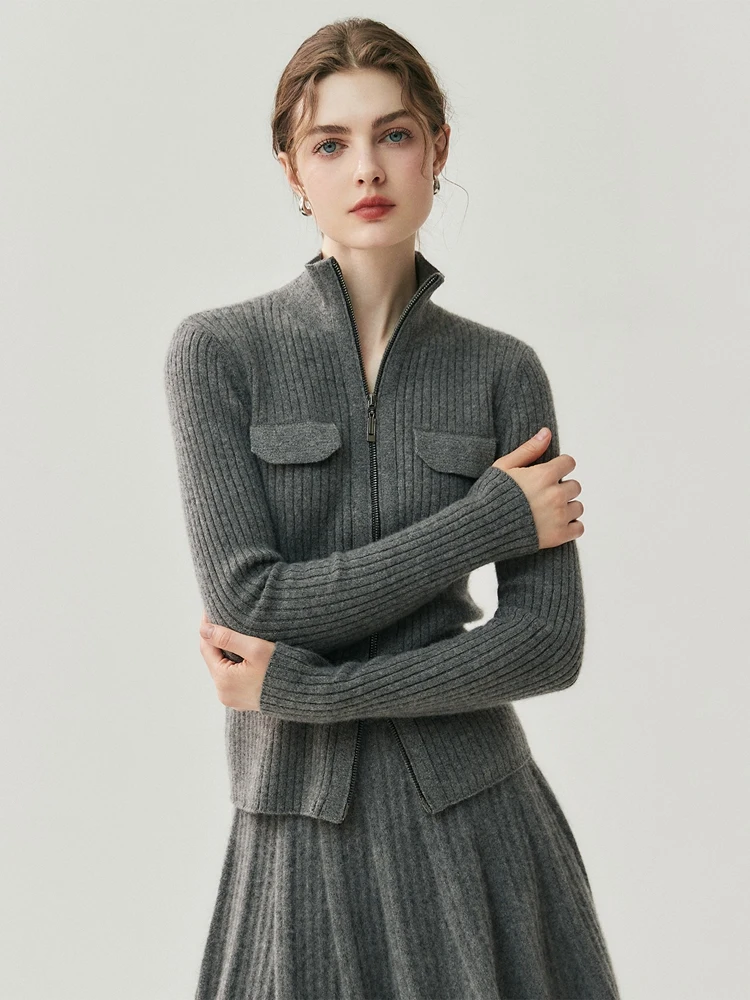 

TLOML Women's 100% Cashmere Sweater Double Zipper Fake Pocket Sweater Turtleneck Pullover Luxury Office Lady Slim Autumn Winter
