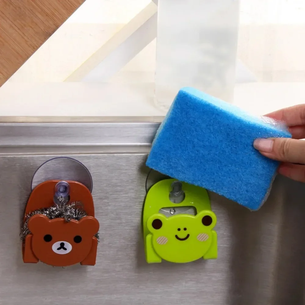 Cartoon Frog Kitchen Storage Rack Cute Bear Strong Suction Cup Sink Sponge Holders Kitchen Free Punch Dishcloth Scrubber Holder