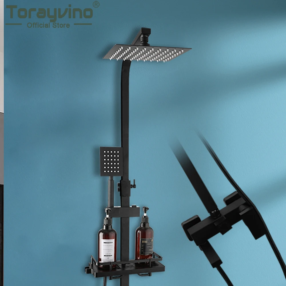 torayvino matte black bathroom shower faucet grupo rainfall shower system torneiras quentes e frias commodity shelf mixer water tap 01