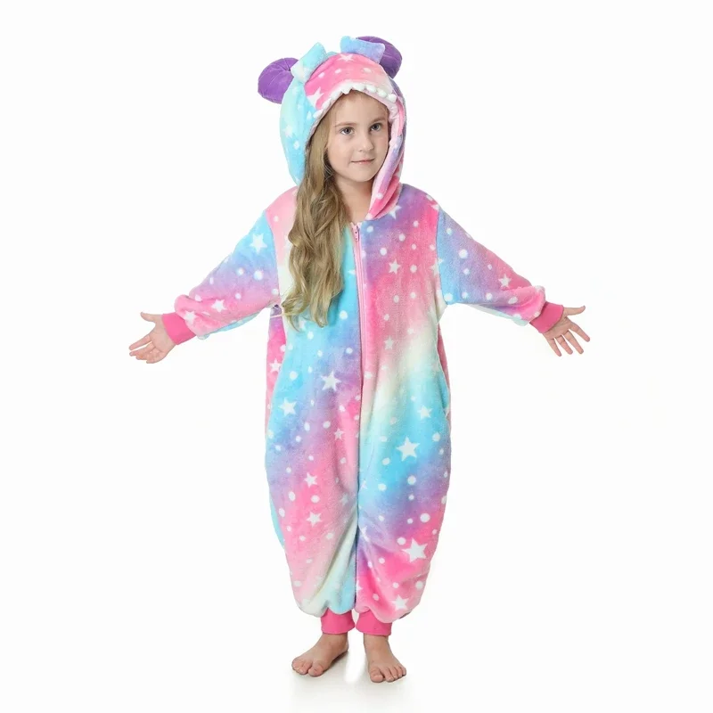 

Kids Girls Winter Pajamas Star Print Zipper Hooded Long Sleeves Jumpsuit with Horn Loungewear Sleepwear Cosplay Costumes