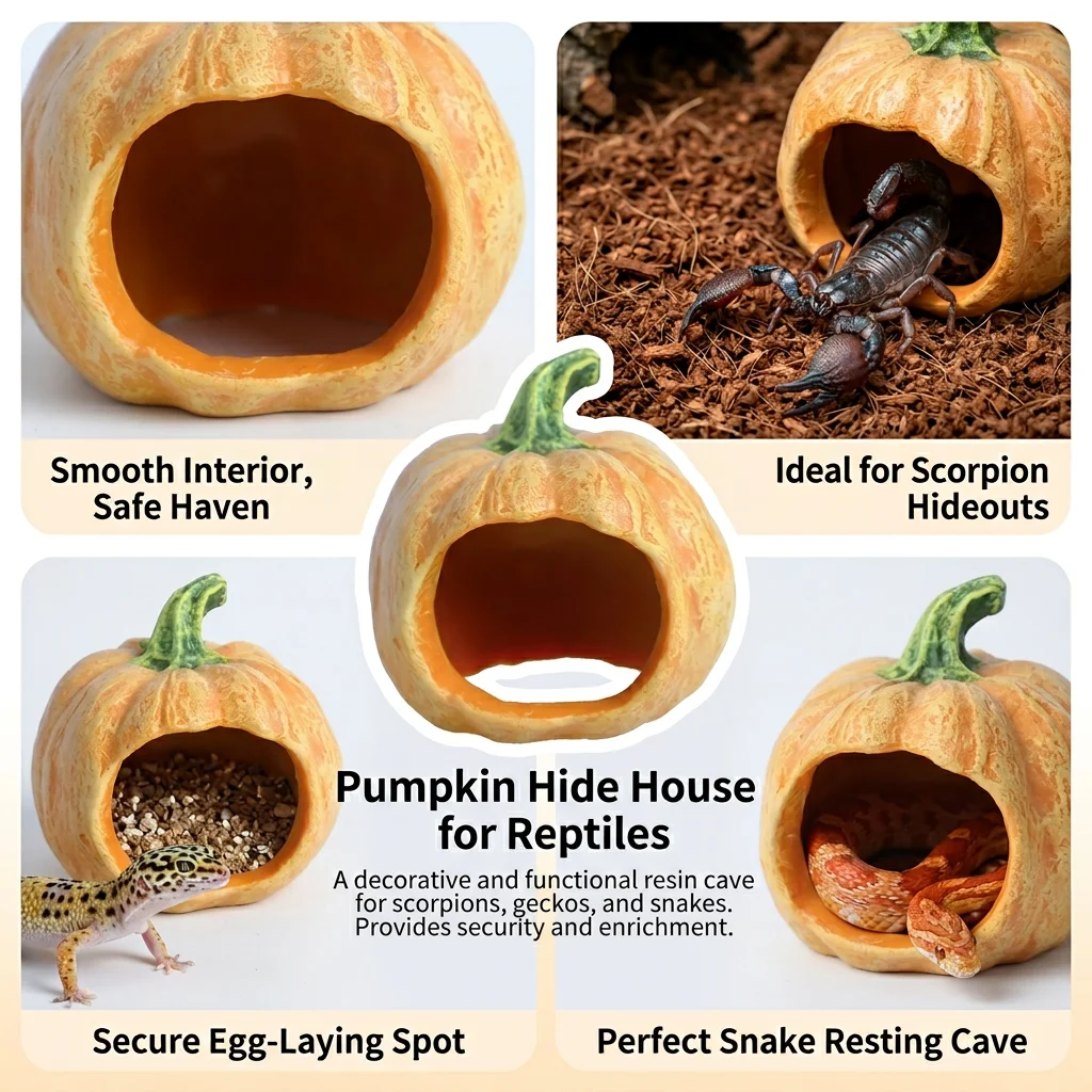Reptile Hideout Resin Pumpkin Cave Anti-Slip Bottom for Terrarium Decor Leopard Gecko Corn Snake Lizard Habitat Accessories view 5