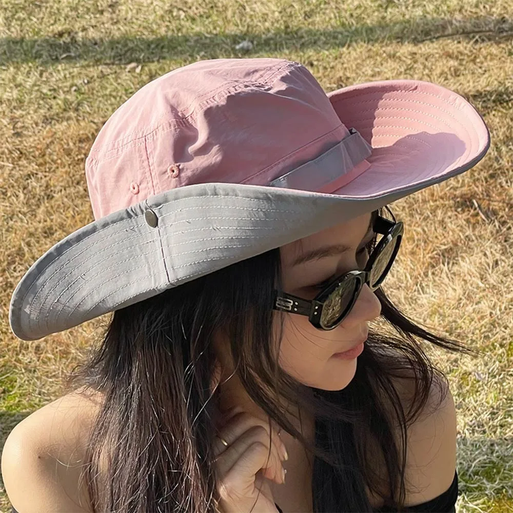 

Korean Style Mountaineering Hat Quick-drying Material Color Matching Bucket Hats Big Brim Design Retro Design Big Brim Hats
