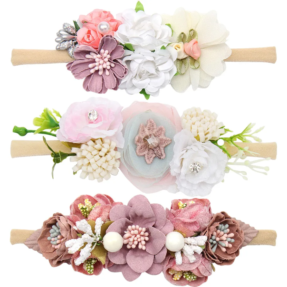 

Набор из 3 цветочных повязок на голову для девочек: повязки с цветами для новорожденных, аксессуары для волос для малышек, повязки на голову для девочек на день рождения