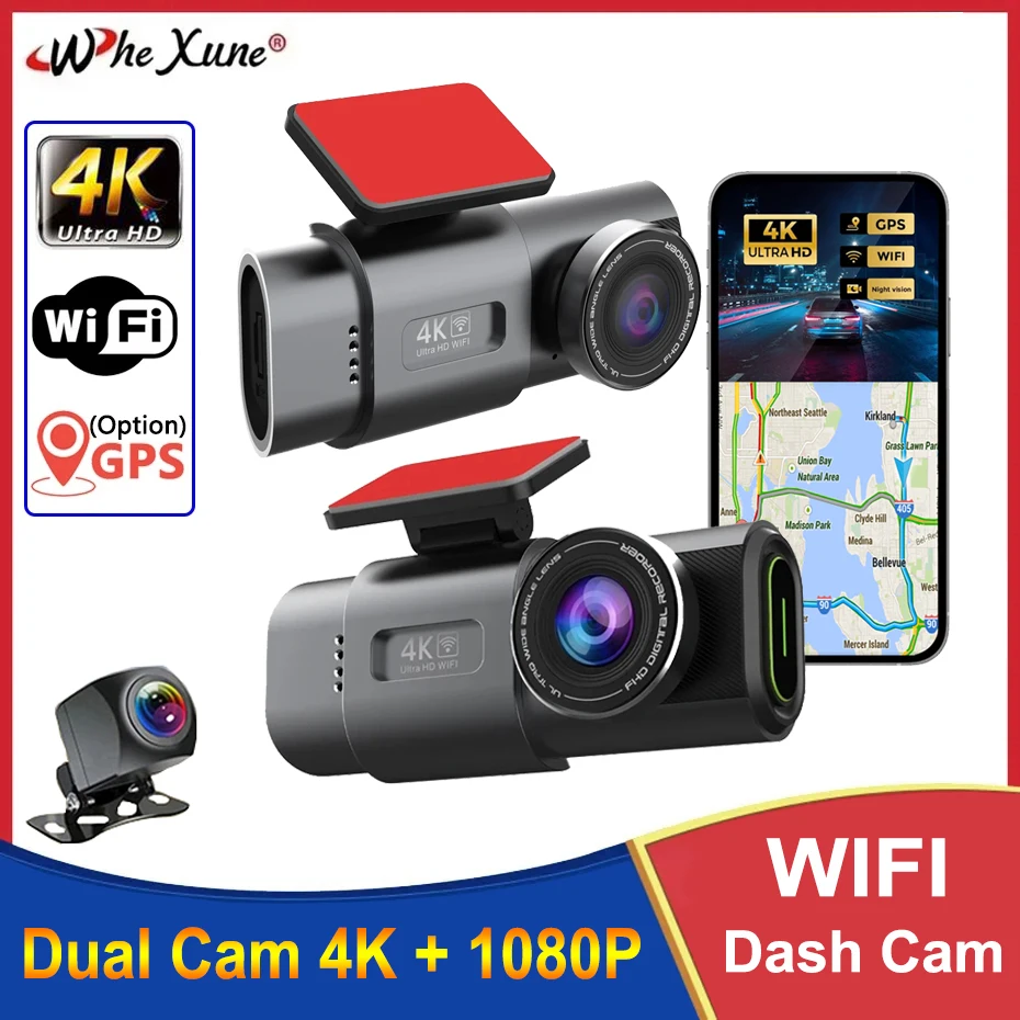 

Новая видеорегистратор 4K, мини-камера, рекордер, GPS, Wi-Fi, двойной объектив с черной коробкой 1080P, автомобильный видеорегистратор, видеокамера, ночное видение, 24 часа, парковка