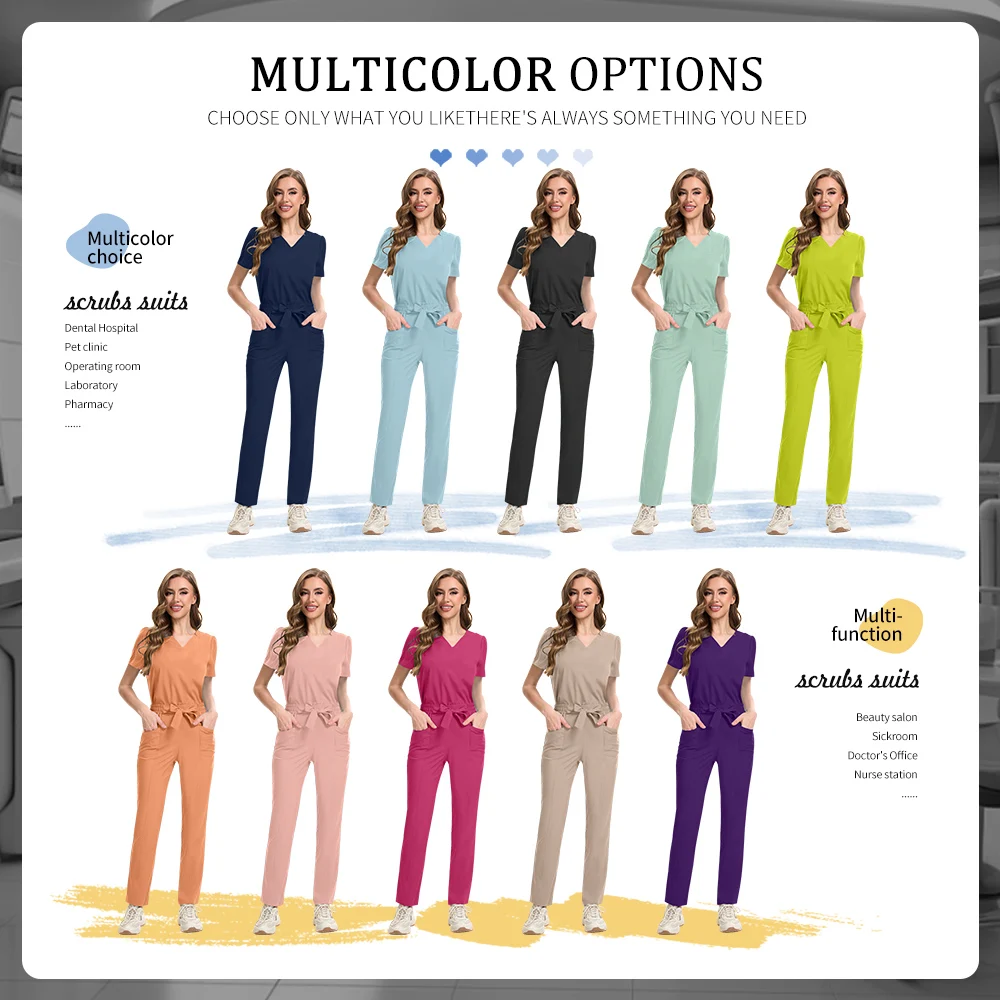 Accessoires d'infirmière, combinaisons chirurgicales d'hôpital, uniformes médicaux pour femmes, ensemble de gommages élastiques, hauts à manches courtes, pantalons, vêtements de médecin et d'infirmière
