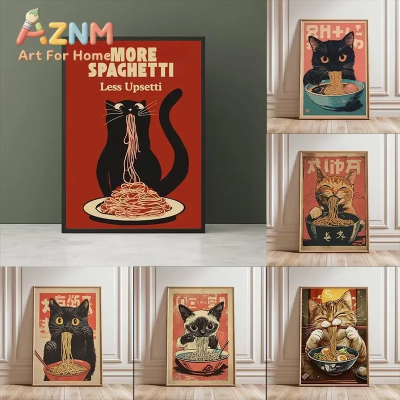 Black Cat Ramen Japanese Food Kawaii Noodle Ginger Cat Poster Print Wall Art Pictures Canvas Painting Living Room Home Decor